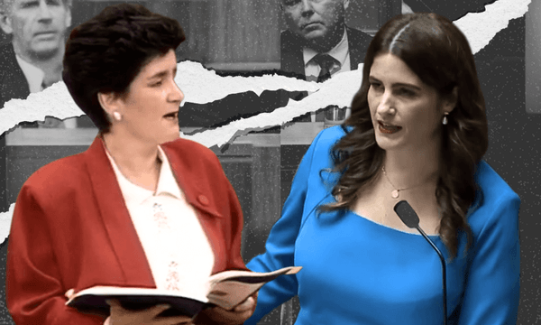 Ruth Richardson and Nicola Willis in budget mode. (Images: Getty; Parliament TV. Design: Tina Tiller) 
